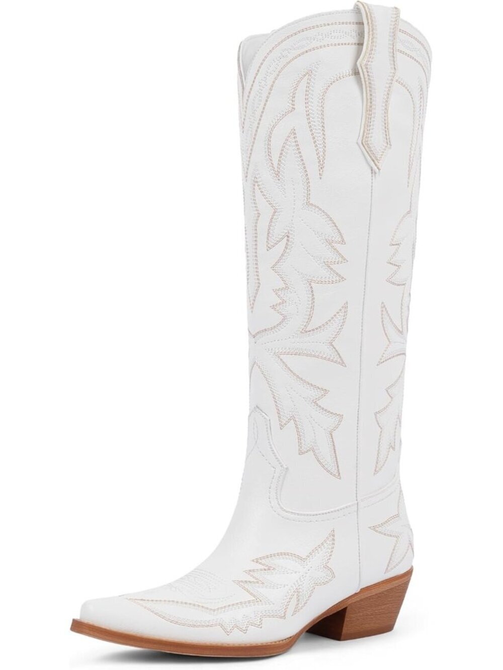 Women's White Knee High Embroidered Pull on Cowgirl Boots Pointed Toe Boot